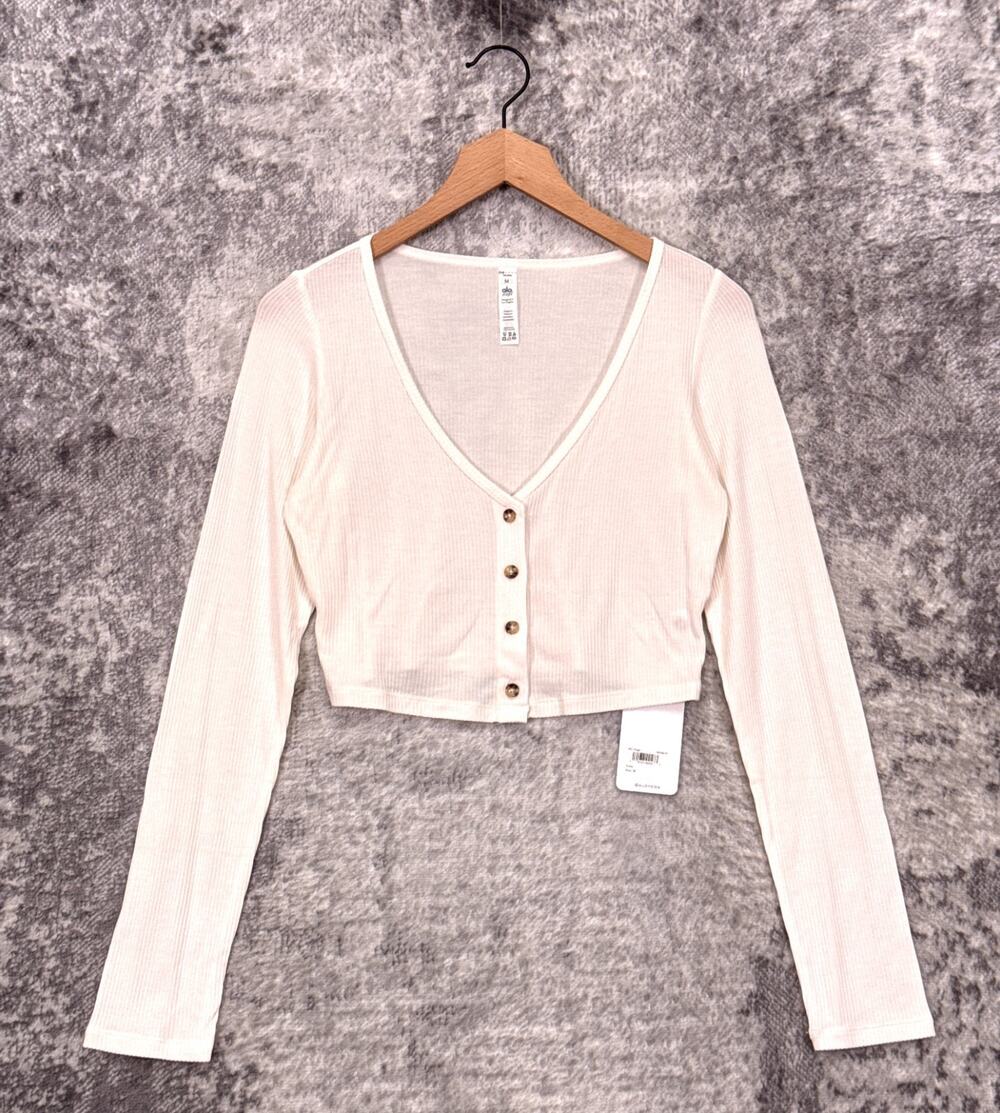 New ALO Yoga Ribbed Cropped Whisper Cardigan In Ivory Medium Womens